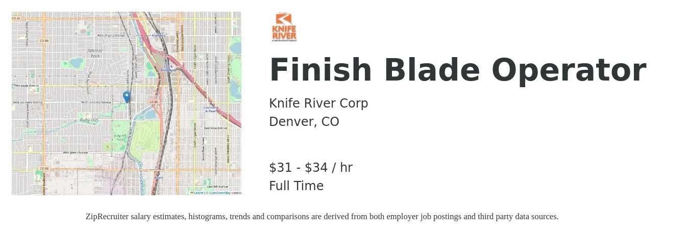 Knife River Corp job posting for a Finish Blade Operator in Denver, CO with a salary of $33 to $36 Hourly with a map of Denver location.