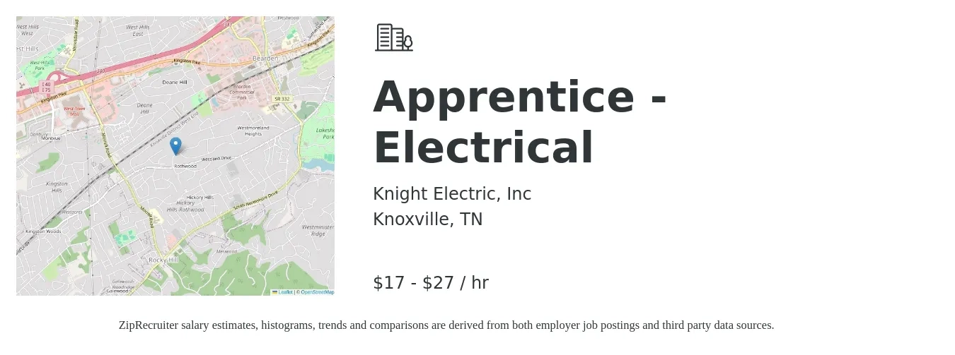 Knight Electric Inc job posting for a Apprentice - Electrical in Knoxville, TN with a salary of $18 to $29 Hourly with a map of Knoxville location.