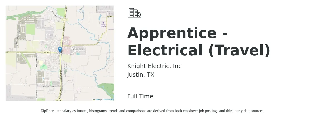 Knight Electric, Inc job posting for a Apprentice - Electrical (Travel) in Justin, TX with a salary of $18 to $35 Hourly with a map of Justin location.