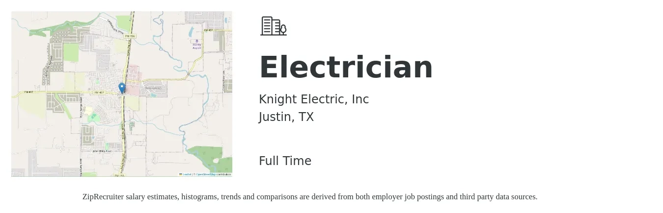 Knight Electric, Inc job posting for a Electrician in Justin, TX with a salary of $20 to $36 Hourly with a map of Justin location.