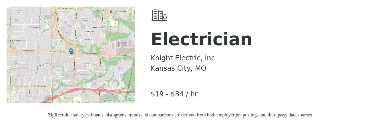 Knight Electric Inc job posting for a Electrician in Kansas City, MO with a salary of $20 to $36 Hourly with a map of Kansas City location.