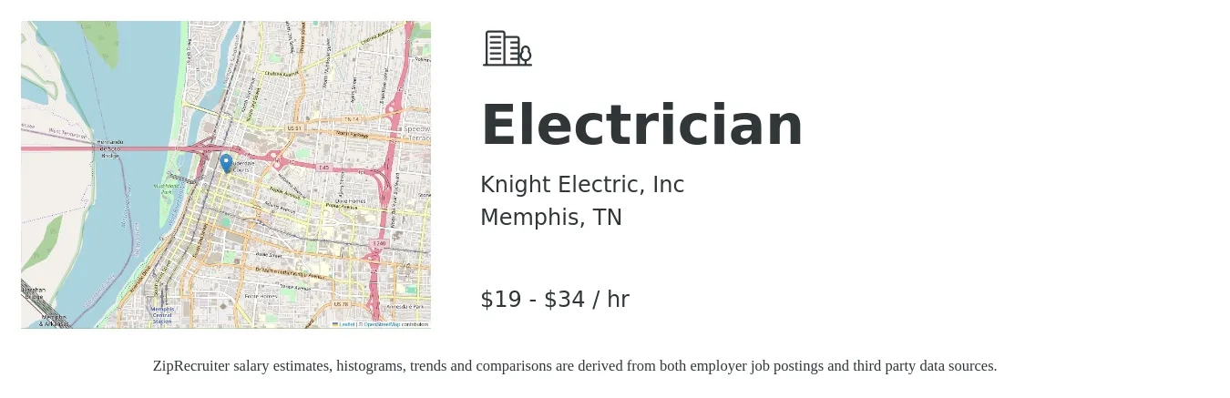 Knight Electric, Inc job posting for a Electrician in Memphis, TN with a salary of $20 to $36 Hourly with a map of Memphis location.