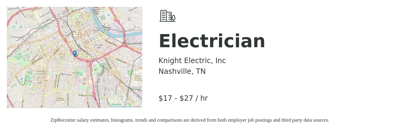 Knight Electric, Inc job posting for a Electrician in Nashville, TN with a salary of $18 to $29 Hourly with a map of Nashville location.
