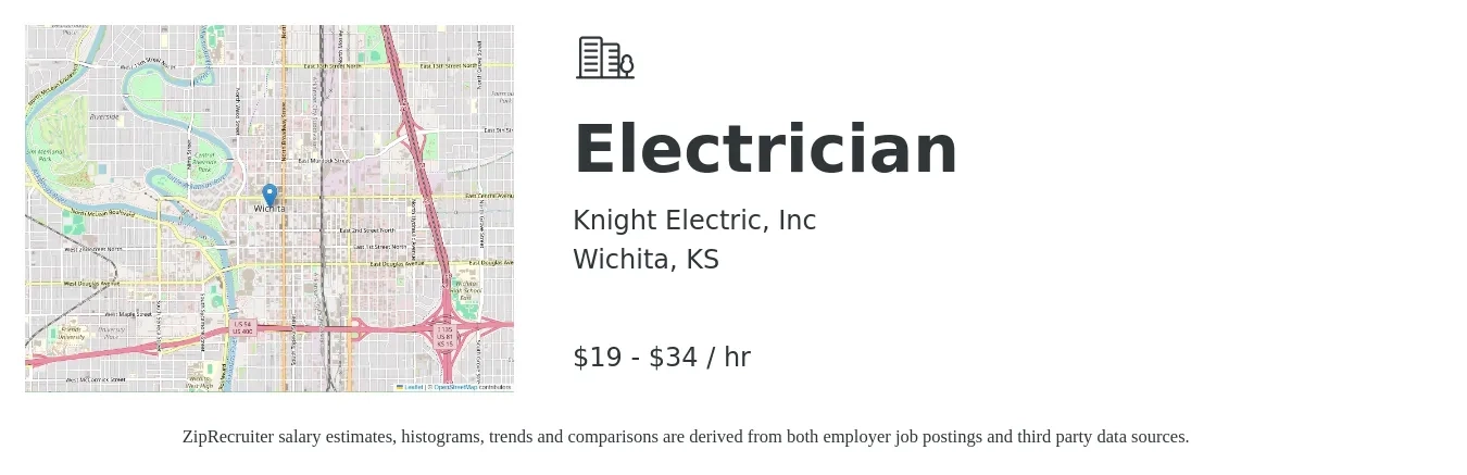 Knight Electric, Inc job posting for a Electrician in Wichita, KS with a salary of $20 to $36 Hourly with a map of Wichita location.