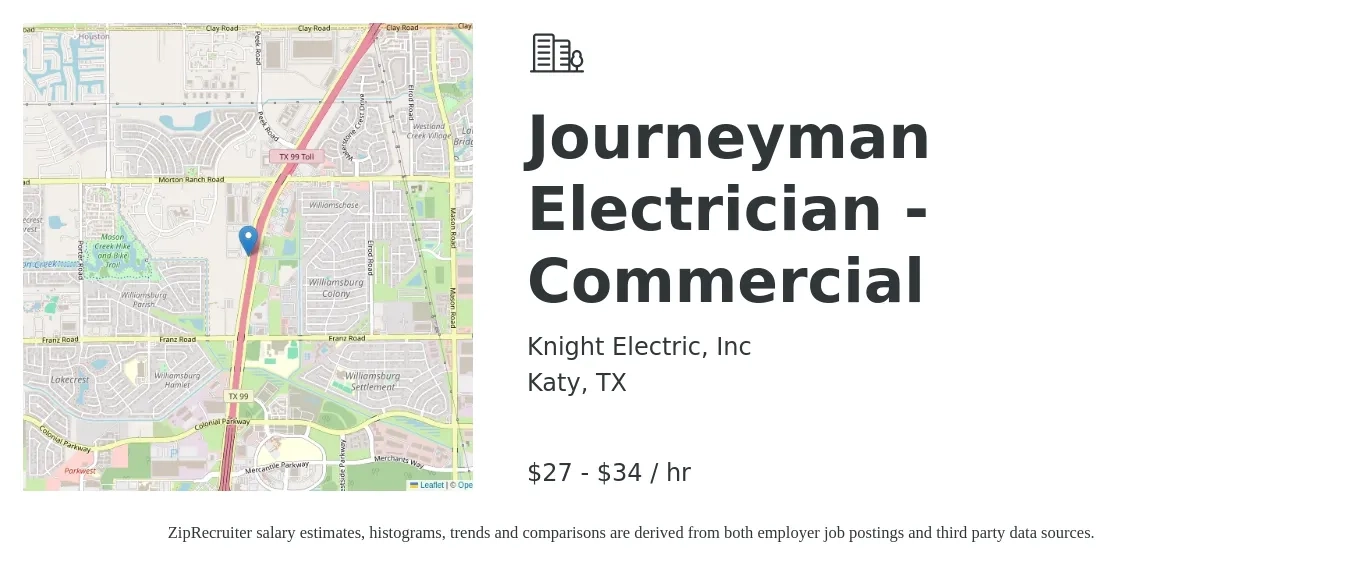 Knight Electric, Inc job posting for a Journeyman Electrician - Commercial in Katy, TX with a salary of $29 to $36 Hourly with a map of Katy location.