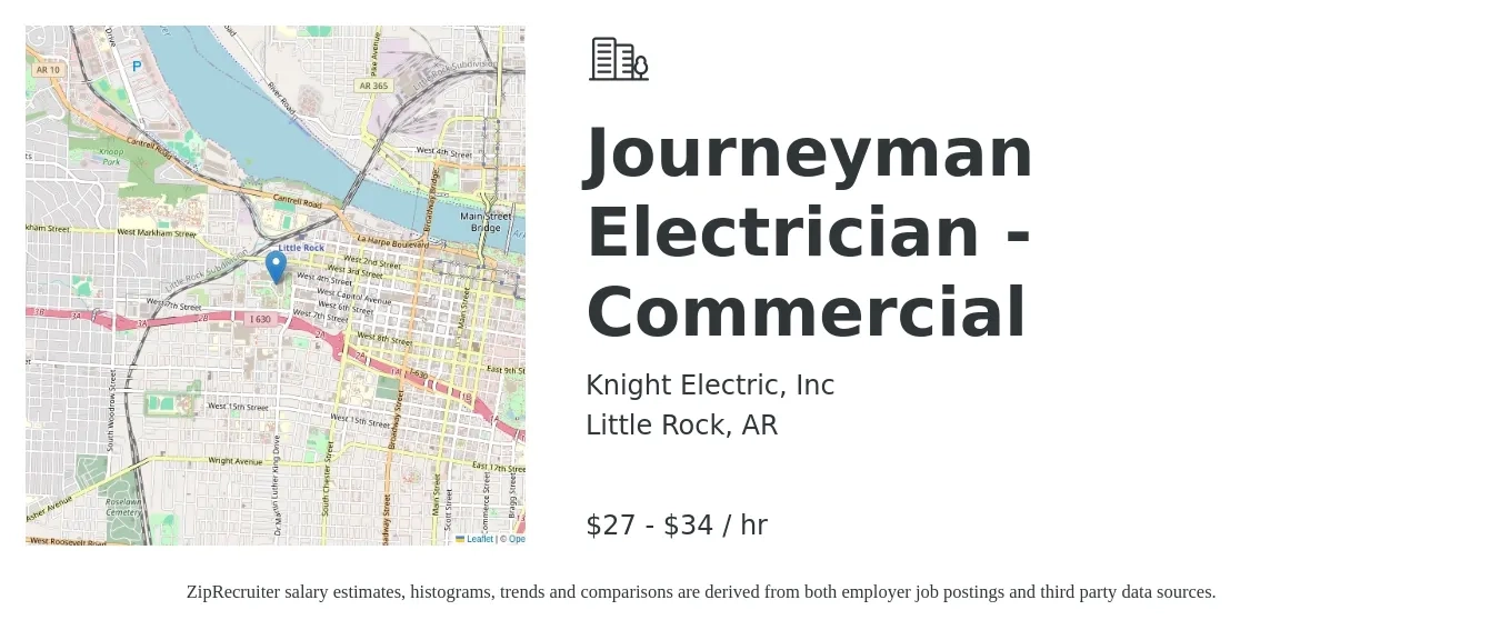 Knight Electric, Inc job posting for a Journeyman Electrician - Commercial in Little Rock, AR with a salary of $29 to $36 Hourly with a map of Little Rock location.
