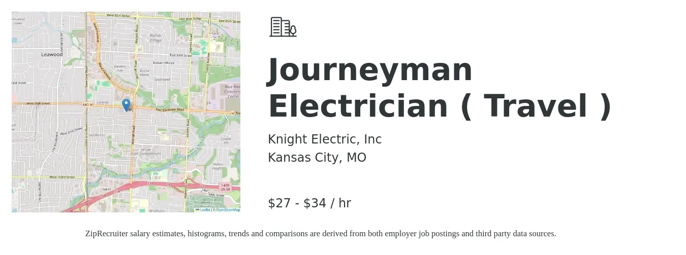 Knight Electric Inc job posting for a Journeyman Electrician ( Travel ) in Kansas City, MO with a salary of $29 to $36 Hourly with a map of Kansas City location.