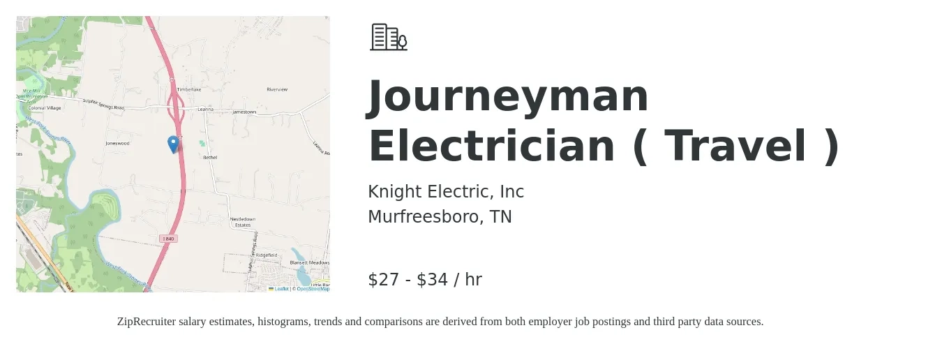 Knight Electric Inc job posting for a Journeyman Electrician ( Travel ) in Murfreesboro, TN with a salary of $29 to $36 Hourly with a map of Murfreesboro location.
