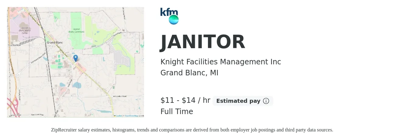 Knight Facilities Management Inc job posting for a JANITOR in Grand Blanc, MI with a salary of $12 to $16 Hourly with a map of Grand Blanc location.