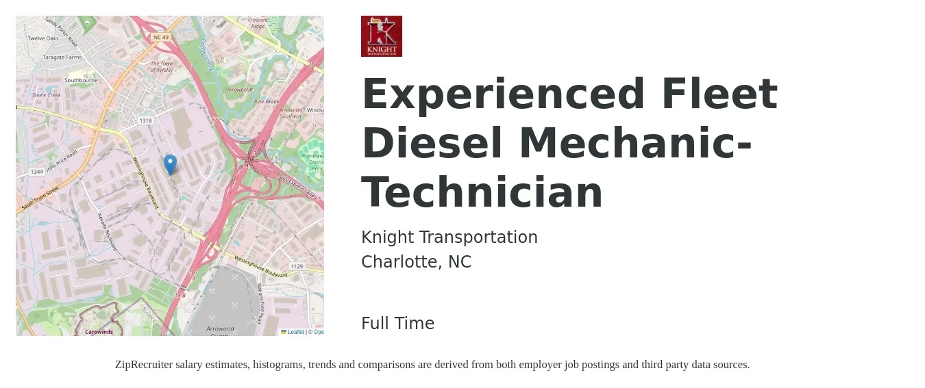Knight Transportation job posting for a Experienced Fleet Diesel Mechanic-Technician in Charlotte, NC with a salary of $21 to $39 Hourly with a map of Charlotte location.