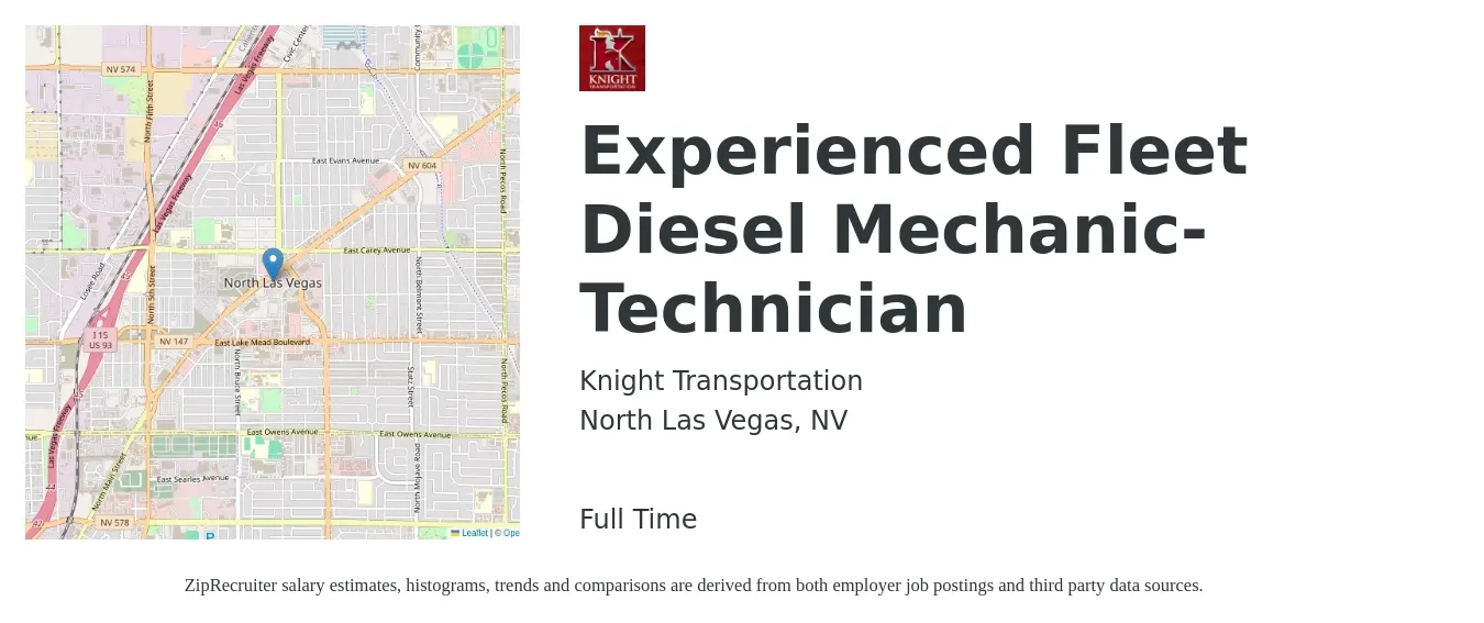 Knight Transportation job posting for a Experienced Fleet Diesel Mechanic-Technician in North Las Vegas, NV with a salary of $21 to $39 Hourly with a map of North Las Vegas location.