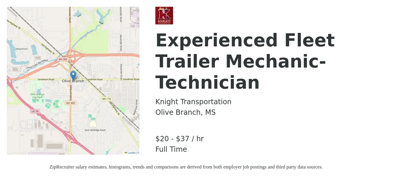 Knight Transportation job posting for a Experienced Fleet Trailer Mechanic-Technician in Olive Branch, MS with a salary of $21 to $39 Hourly with a map of Olive Branch location.