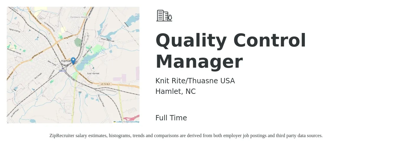 Knit Rite/Thuasne USA job posting for a Quality Control Manager in Hamlet, NC with a salary of $65,000 to $75,000 Yearly with a map of Hamlet location.