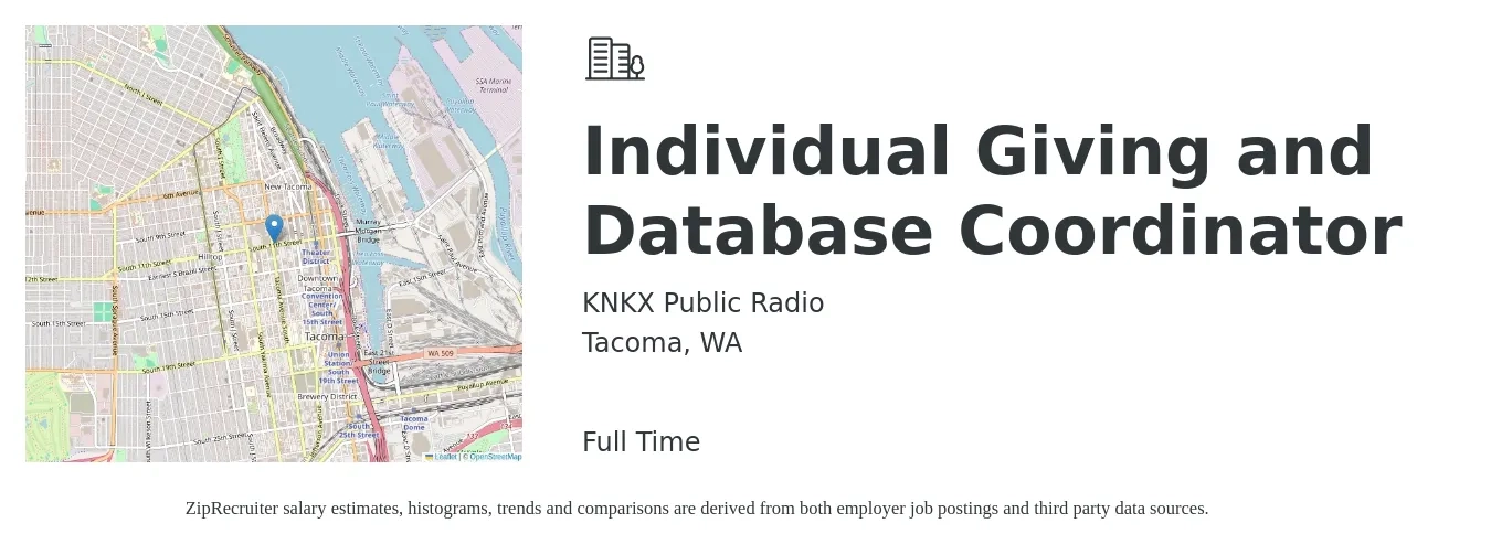 KNKX Public Radio job posting for a Individual Giving and Database Coordinator in Tacoma, WA with a salary of $51,000 to $56,000 Yearly with a map of Tacoma location.