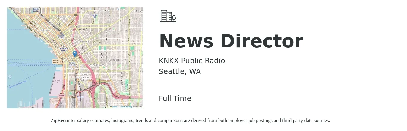 KNKX Public Radio job posting for a News Director in Seattle, WA with a salary of $90,000 to $100,000 Yearly with a map of Seattle location.