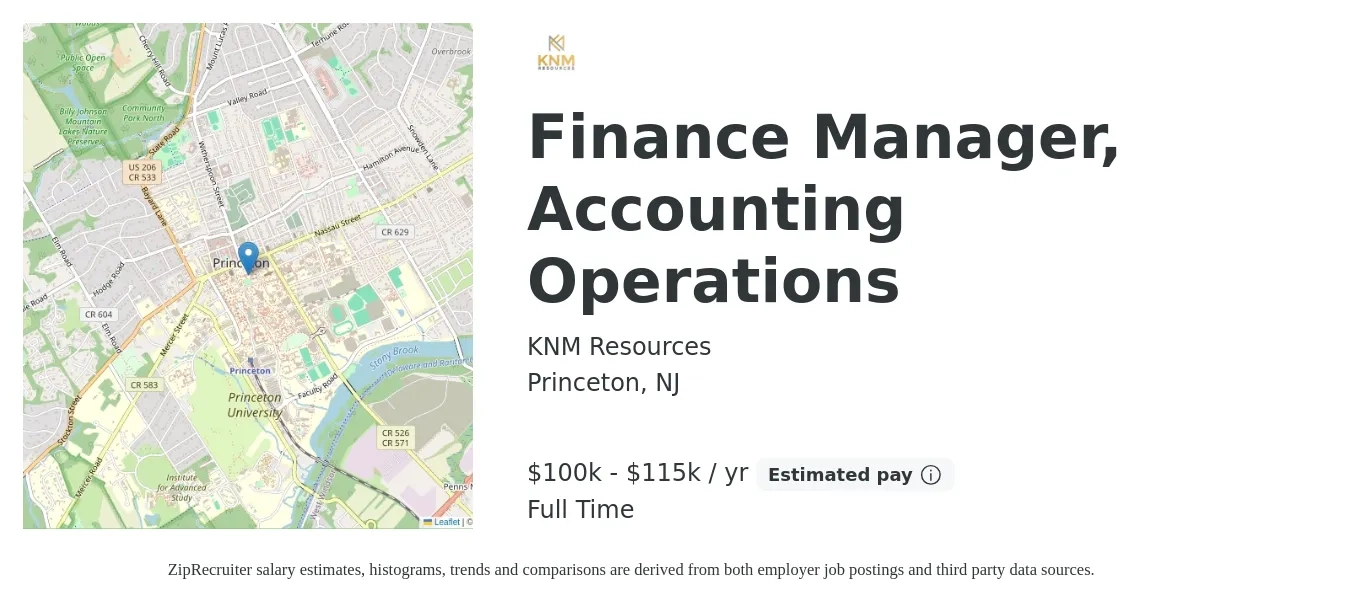 KNM Resources job posting for a Finance Manager, Accounting Operations in Princeton, NJ with a salary of $100,000 to $115,000 Yearly with a map of Princeton location.