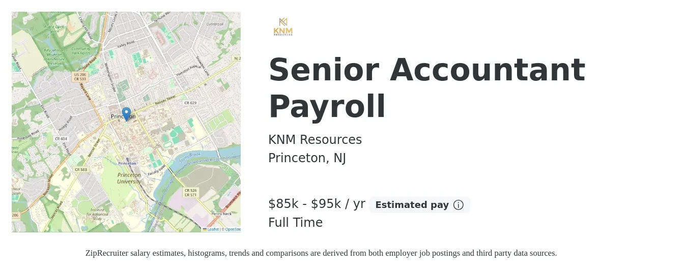 KNM Resources job posting for a Senior Accountant Payroll in Princeton, NJ with a salary of $85,000 to $95,000 Yearly with a map of Princeton location.