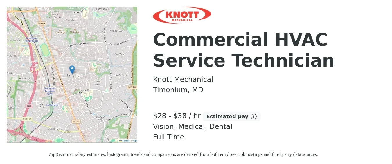 Knott Mechanical job posting for a Commercial HVAC Service Technician in Timonium, MD with a salary of $30 to $40 Hourly and benefits including medical, retirement, vision, dental, and life_insurance with a map of Timonium location.
