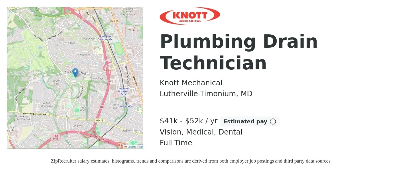 Knott Mechanical job posting for a Plumbing Drain Technician in Lutherville-Timonium, MD with a salary of $41,600 to $52,000 Yearly and benefits including medical, pto, retirement, vision, dental, and life_insurance with a map of Lutherville-Timonium location.