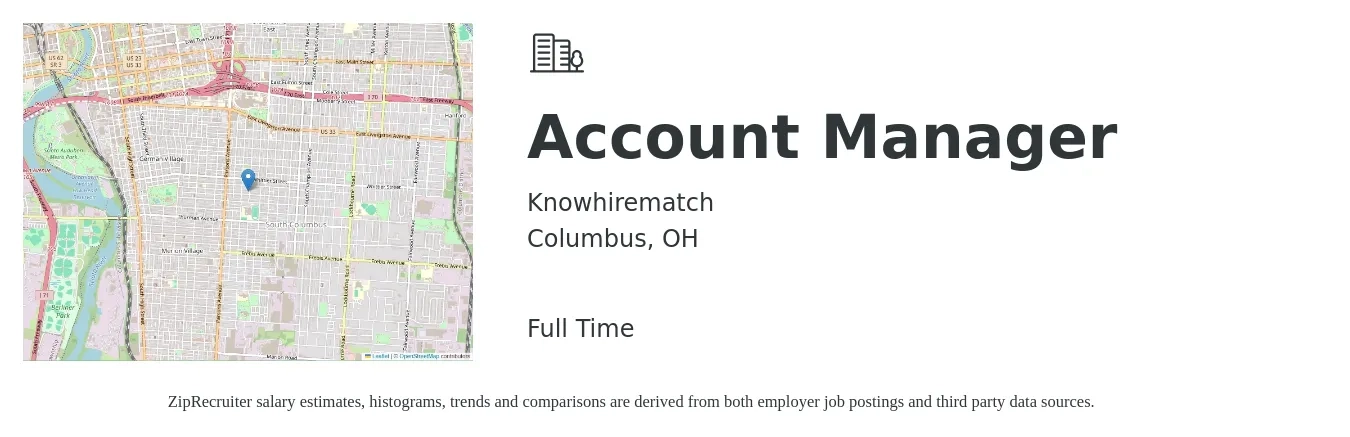 Knowhirematch job posting for a Account Manager in Columbus, OH with a salary of $46,400 to $75,800 Yearly with a map of Columbus location.