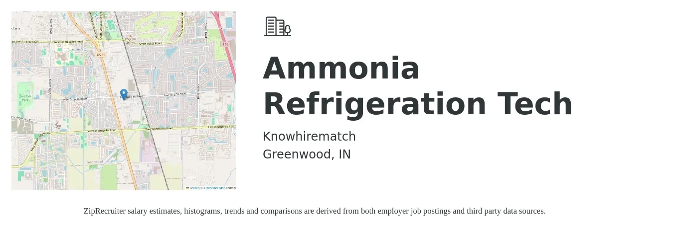 Knowhirematch job posting for a Ammonia Refrigeration Tech in Greenwood, IN with a salary of $40 Hourly with a map of Greenwood location.