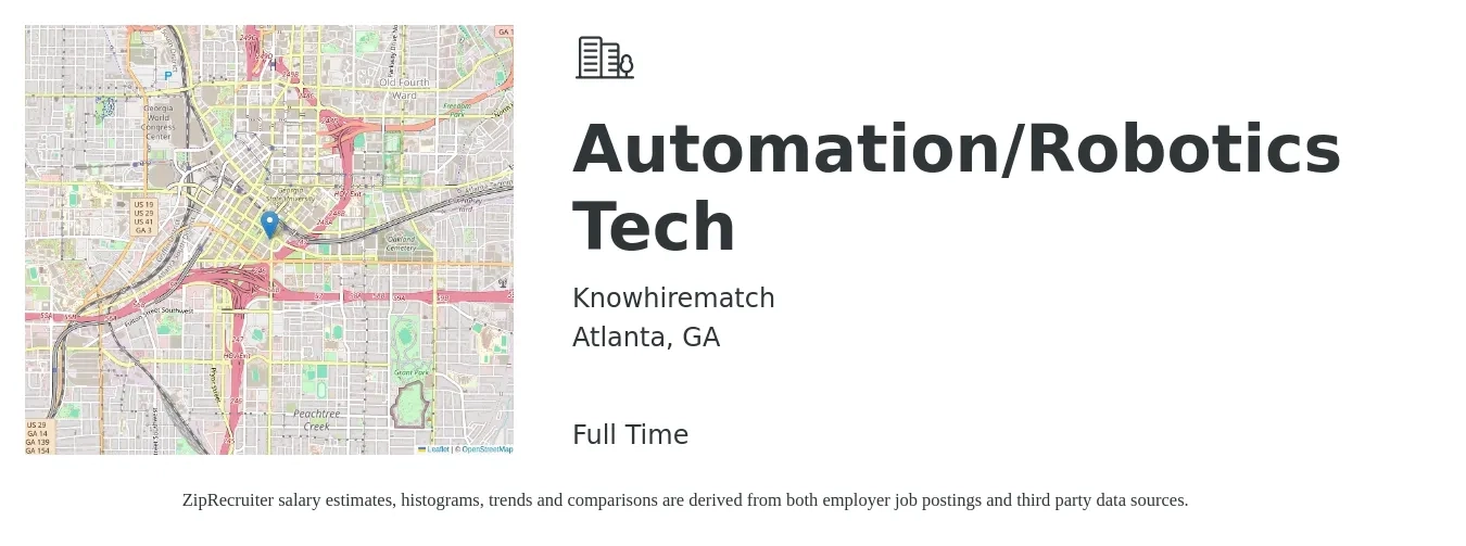 Knowhirematch job posting for a Automation/Robotics Tech in Atlanta, GA with a salary of $40,400 Yearly with a map of Atlanta location.