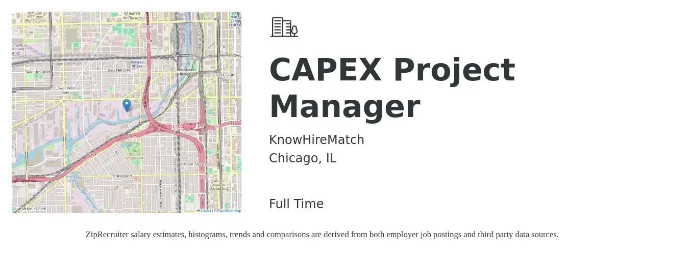 Knowhirematch job posting for a CAPEX Project Manager in Chicago, IL with a salary of $93,200 to $134,400 Yearly with a map of Chicago location.