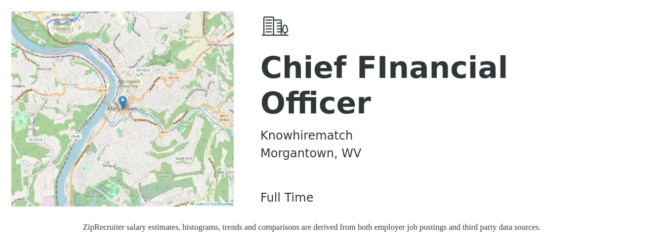 Knowhirematch job posting for a Chief FInancial Officer in Morgantown, WV with a salary of $145,100 to $411,600 Yearly with a map of Morgantown location.