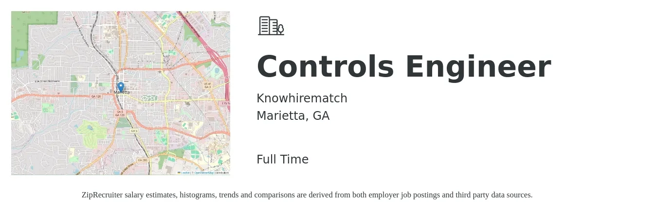 Knowhirematch job posting for a Controls Engineer in Marietta, GA with a salary of $79,100 to $102,400 Yearly with a map of Marietta location.