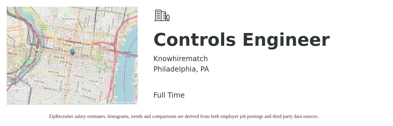 Knowhirematch job posting for a Controls Engineer in Philadelphia, PA with a salary of $84,300 to $109,000 Yearly with a map of Philadelphia location.