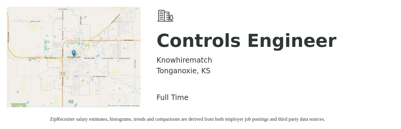 Knowhirematch job posting for a Controls Engineer in Tonganoxie, KS with a salary of $64,800 to $83,900 Yearly with a map of Tonganoxie location.