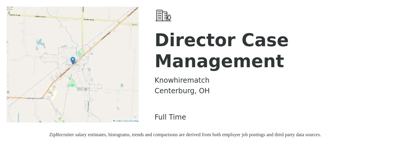 Knowhirematch job posting for a Director Case Management in Centerburg, OH with a salary of $92,100 to $133,000 Yearly with a map of Centerburg location.