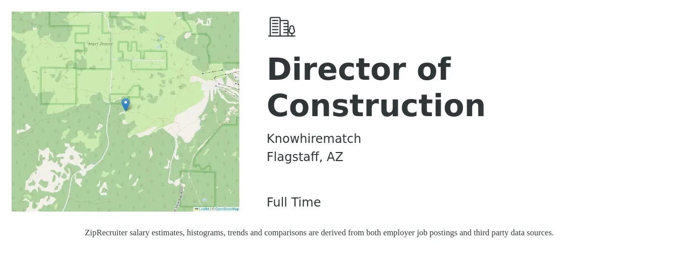 Knowhirematch job posting for a Director of Construction in Flagstaff, AZ with a salary of $106,500 to $161,100 Yearly with a map of Flagstaff location.
