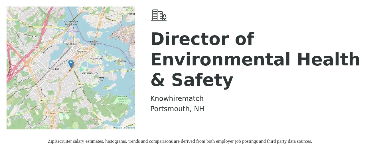 Knowhirematch job posting for a Director of Environmental Health & Safety in Portsmouth, NH with a salary of $111,100 to $163,000 Yearly with a map of Portsmouth location.