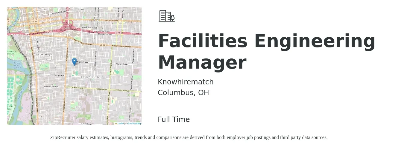 Knowhirematch job posting for a Facilities Engineering Manager in Columbus, OH with a salary of $112,500 Yearly with a map of Columbus location.