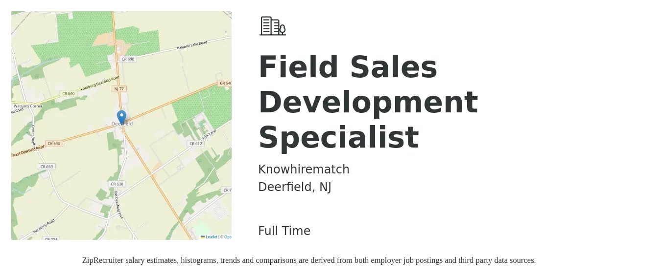 Knowhirematch job posting for a Field Sales Development Specialist in Deerfield, NJ with a salary of $43,200 to $72,900 Yearly with a map of Deerfield location.