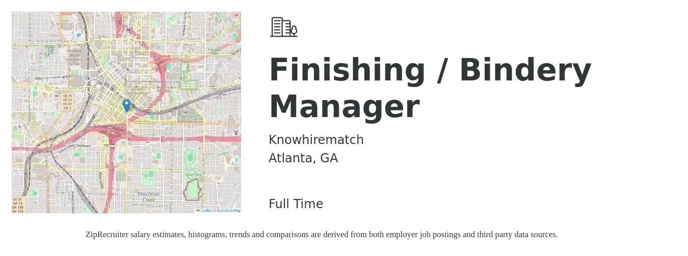 Knowhirematch job posting for a Finishing / Bindery Manager in Atlanta, GA with a salary of $61,100 to $84,100 Yearly with a map of Atlanta location.