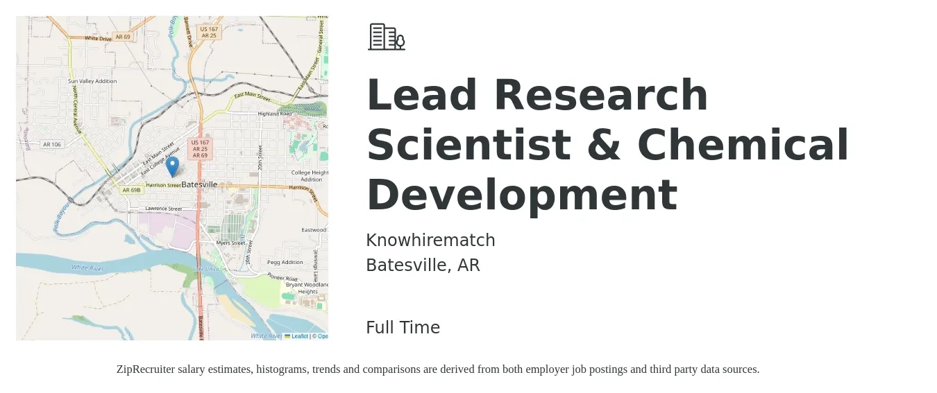 Knowhirematch job posting for a Lead Research Scientist & Chemical Development in Batesville, AR with a salary of $52,400 to $107,700 Yearly with a map of Batesville location.