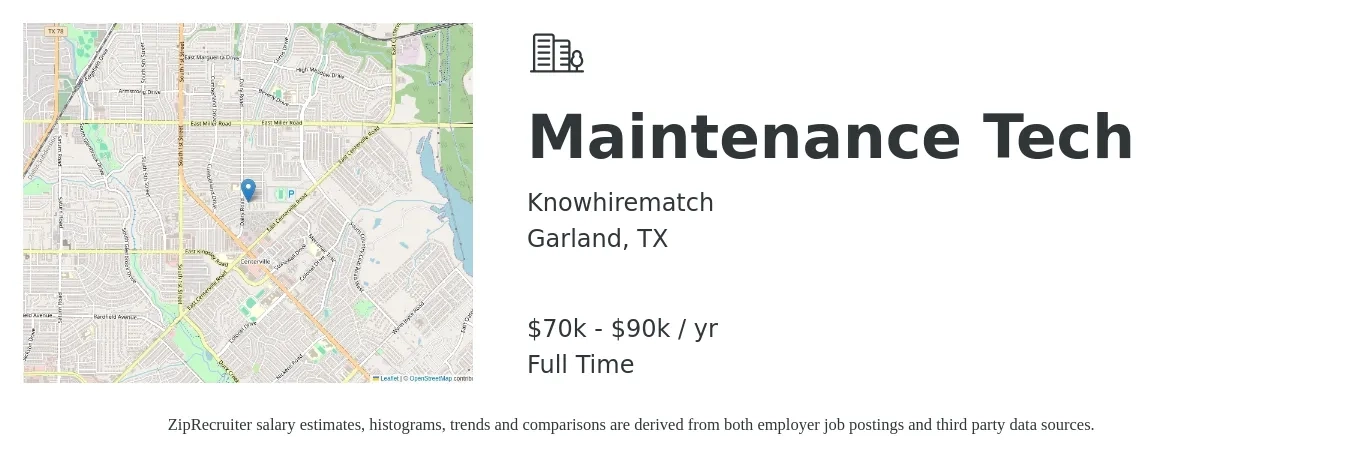 Knowhirematch job posting for a Maintenance Tech in Garland, TX with a salary of $70,000 to $90,000 Yearly with a map of Garland location.