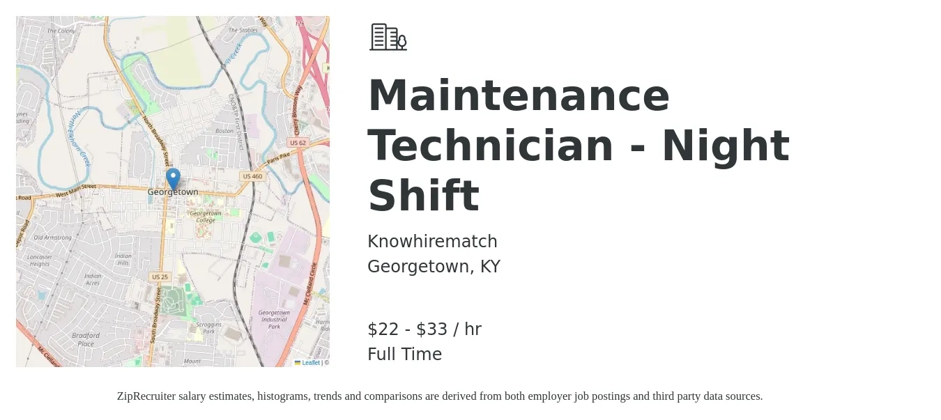 Knowhirematch job posting for a Maintenance Technician - Night Shift in Georgetown, KY with a salary of $23 to $35 Hourly with a map of Georgetown location.