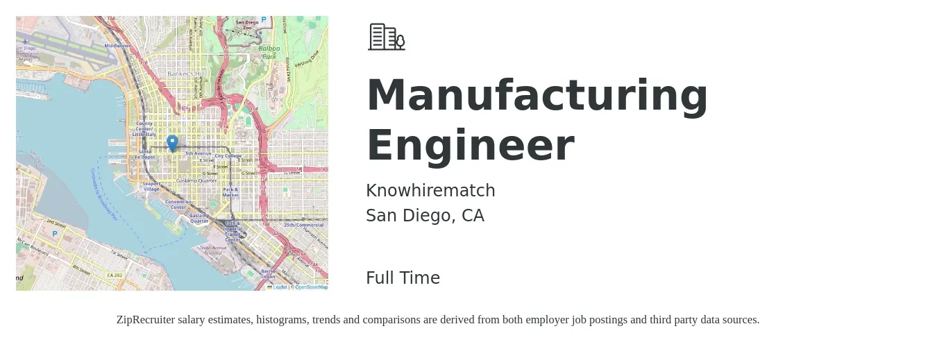 Knowhirematch job posting for a Manufacturing Engineer in San Diego, CA with a salary of $77,500 to $99,800 Yearly with a map of San Diego location.