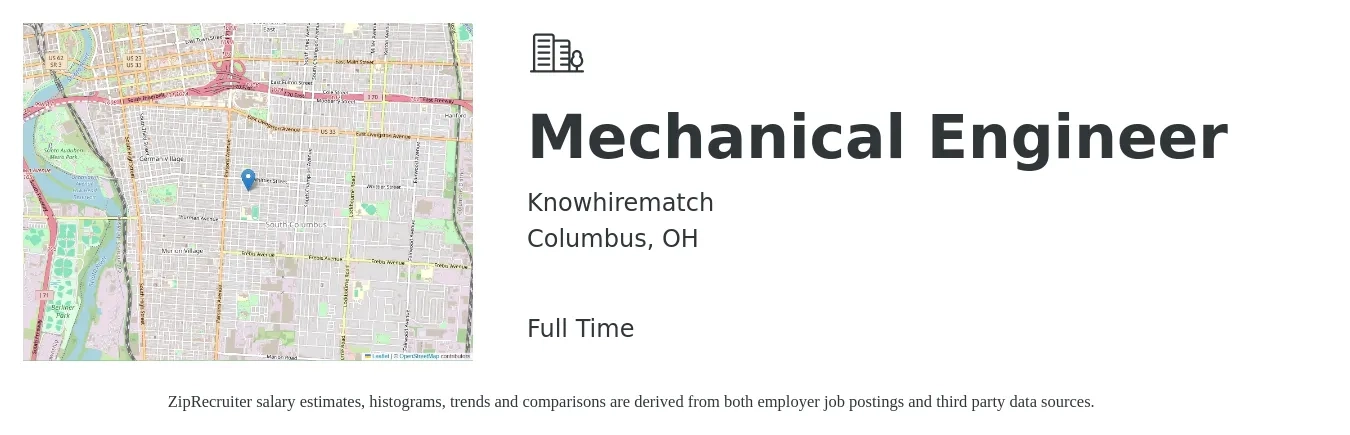 Knowhirematch job posting for a Mechanical Engineer in Columbus, OH with a salary of $78,700 to $122,200 Yearly with a map of Columbus location.