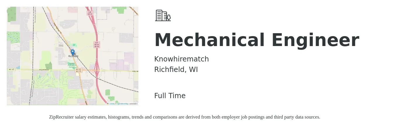 Knowhirematch job posting for a Mechanical Engineer in Richfield, WI with a salary of $81,000 to $125,700 Yearly with a map of Richfield location.