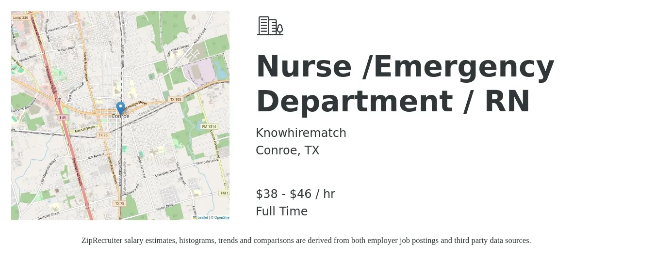 Knowhirematch job posting for a Nurse /Emergency Department / RN in Conroe, TX with a salary of $40 to $48 Hourly with a map of Conroe location.