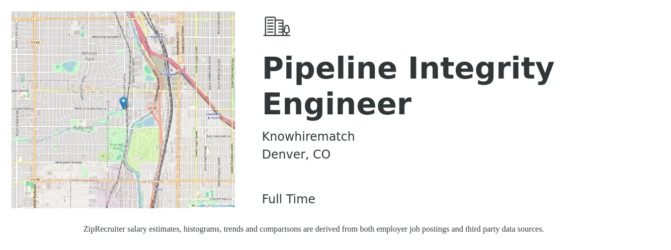 Knowhirematch job posting for a Pipeline Integrity Engineer in Denver, CO with a salary of $165,000 Yearly with a map of Denver location.