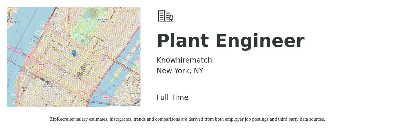 Knowhirematch job posting for a Plant Engineer in New York, NY with a salary of $85,900 to $131,300 Yearly with a map of New York location.