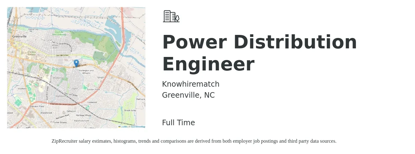 Knowhirematch job posting for a Power Distribution Engineer in Greenville, NC with a salary of $93,400 to $122,100 Yearly with a map of Greenville location.