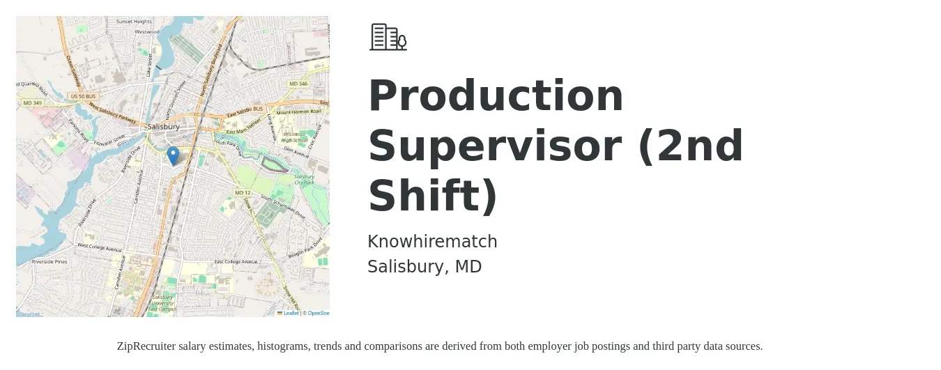 Knowhirematch job posting for a Production Supervisor (2nd Shift) in Salisbury, MD with a salary of $52,800 to $71,600 Yearly with a map of Salisbury location.