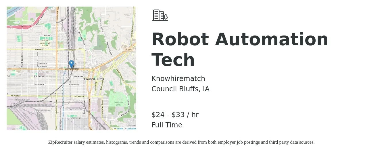 Knowhirematch job posting for a Robot Automation Tech in Council Bluffs, IA with a salary of $25 to $35 Hourly with a map of Council Bluffs location.