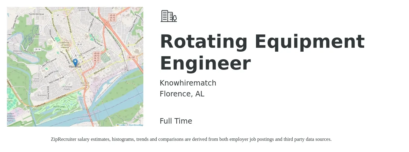 Knowhirematch job posting for a Rotating Equipment Engineer in Florence, AL with a salary of $98,700 to $140,000 Yearly with a map of Florence location.